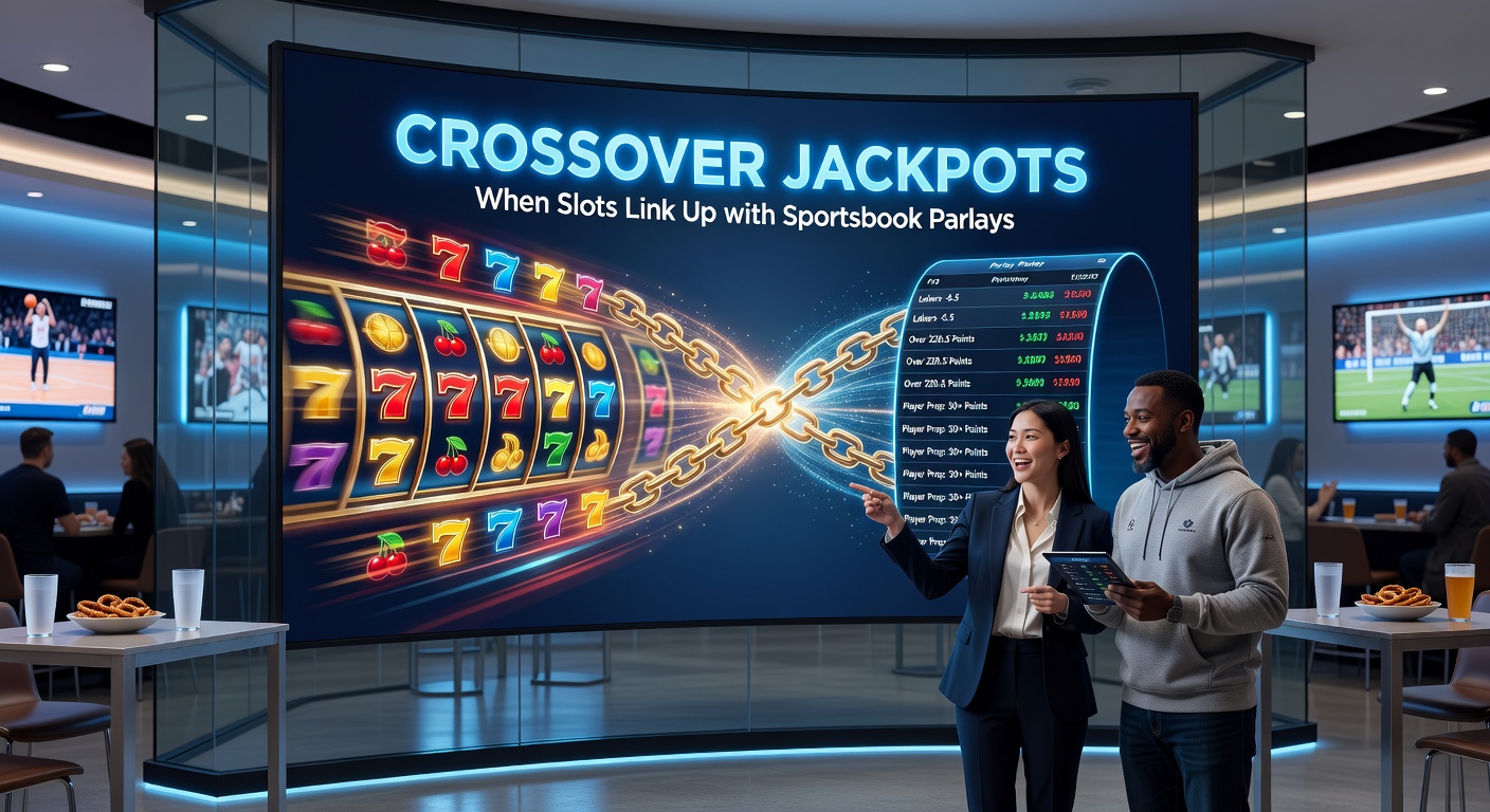 Nahaufnahme eines Smartphones, das ein Crossover-Jackpot-Dashboard zeigt mit steigendem Pot, Parlay-Optionen und Slot-Symbolen, umgeben von Sportikonen