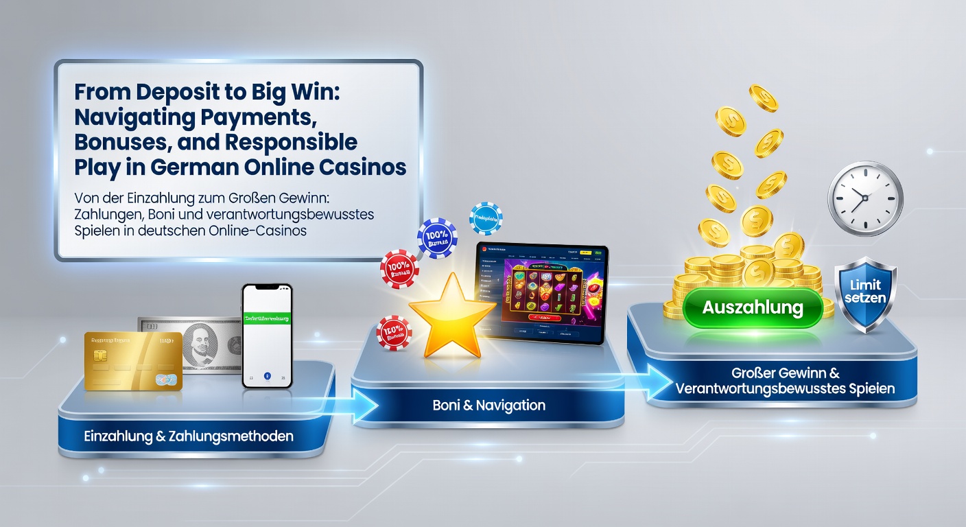 Spieler am Smartphone in einem deutschen Online-Casino, der eine Einzahlung tätigt, mit Grafiken von Slots und Boni im Hintergrund