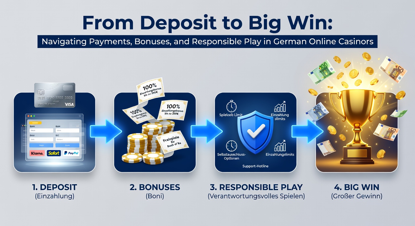 Grafik einer sicheren Auszahlung in einem Online-Casino, mit Symbolen für Verifizierung, Boni und verantwortungsvolle Tools wie Einzahlungslimits